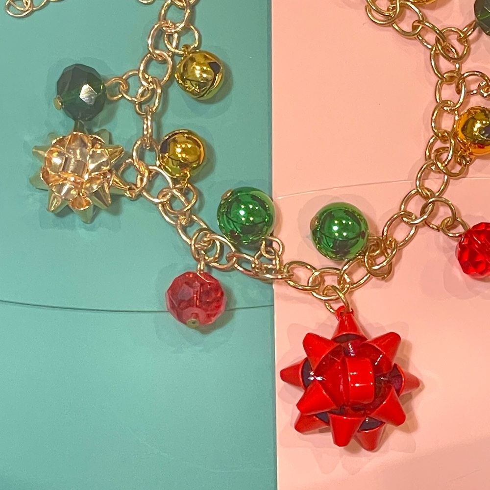 Vintage Chrismtas Gift wrap Bow & Bell Charm Necklace Bracelet Drop Earrings Set - Picture 3 of 7